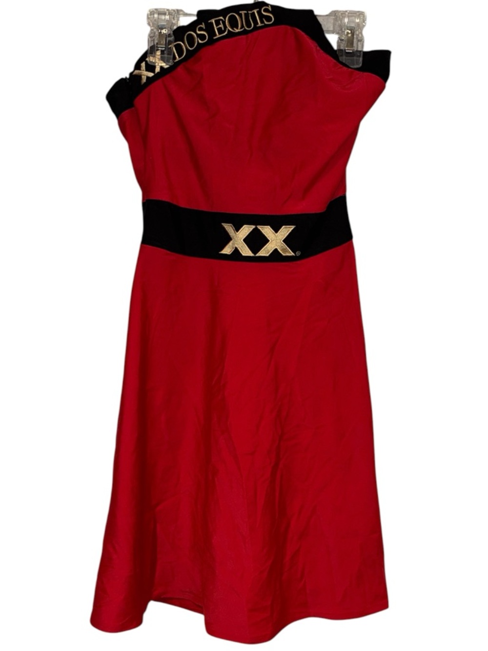 Dos Eli’s halter Red Dress with Black Waistband and Gold XX.  Halloween costume.